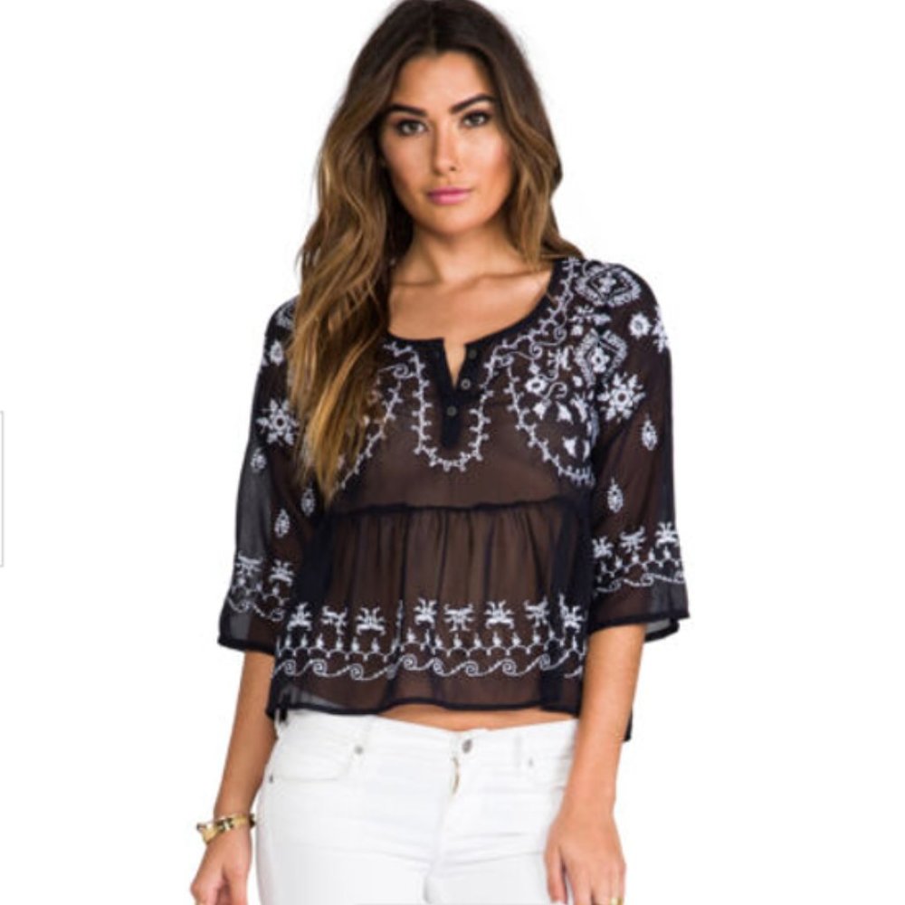 Free People black sheer top with white embroidery  Size XS